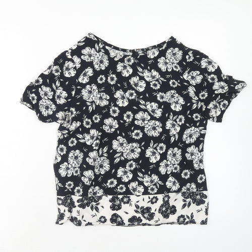 New Look Womens Black Floral Viscose Basic Blouse Size 10 Round Neck