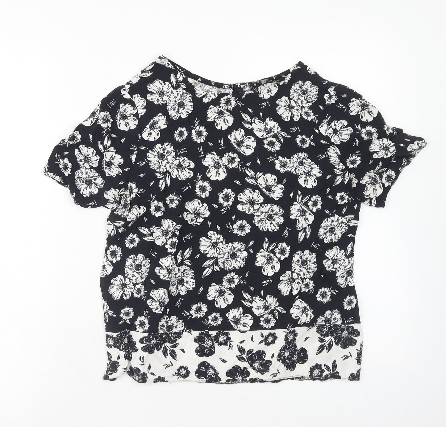 New Look Womens Black Floral Viscose Basic Blouse Size 10 Round Neck