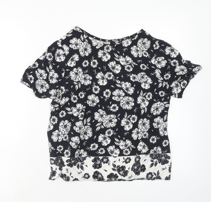 New Look Womens Black Floral Viscose Basic Blouse Size 10 Round Neck