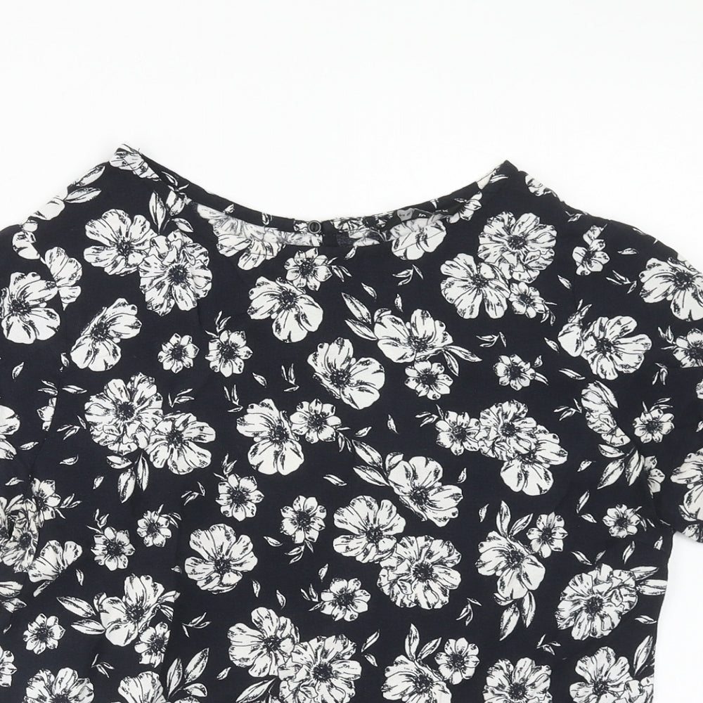 New Look Womens Black Floral Viscose Basic Blouse Size 10 Round Neck