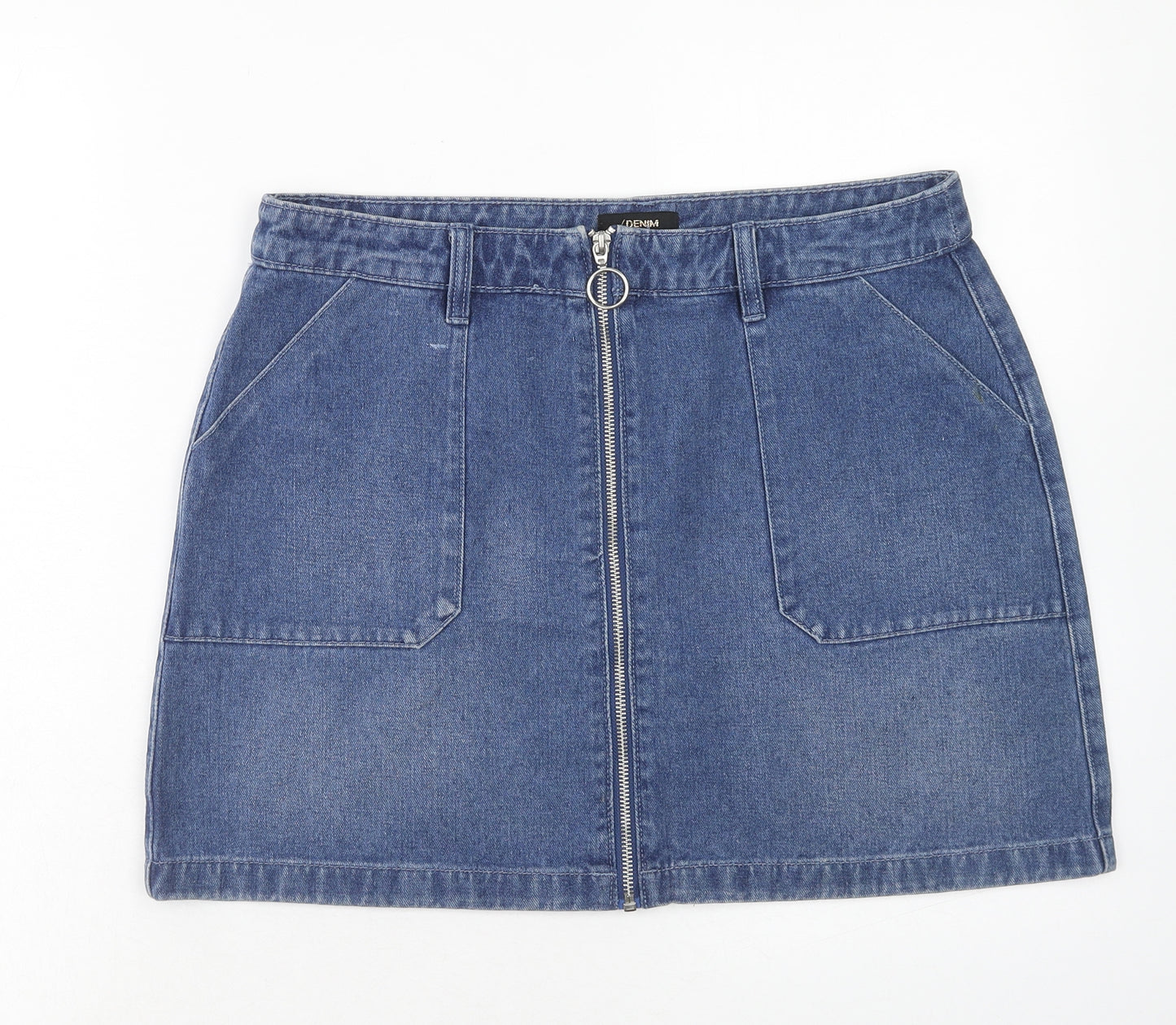 Papaya Womens Blue Cotton Mini Skirt Size 14 Zip