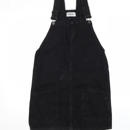 New Look Womens Black Cotton Pinafore/Dungaree Dress Size 6 Square Neck Buckle