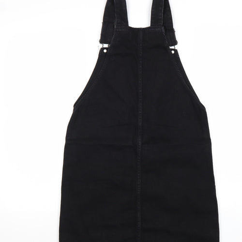New Look Womens Black Cotton Pinafore/Dungaree Dress Size 6 Square Neck Buckle