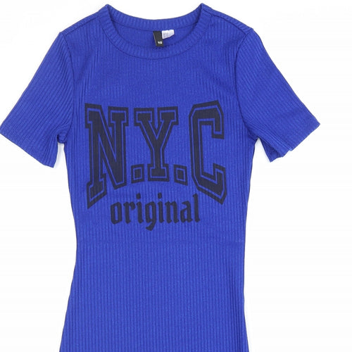 Divided Womens Blue Polyester Bodycon Size 6 Round Neck Pullover - N.Y.C Original