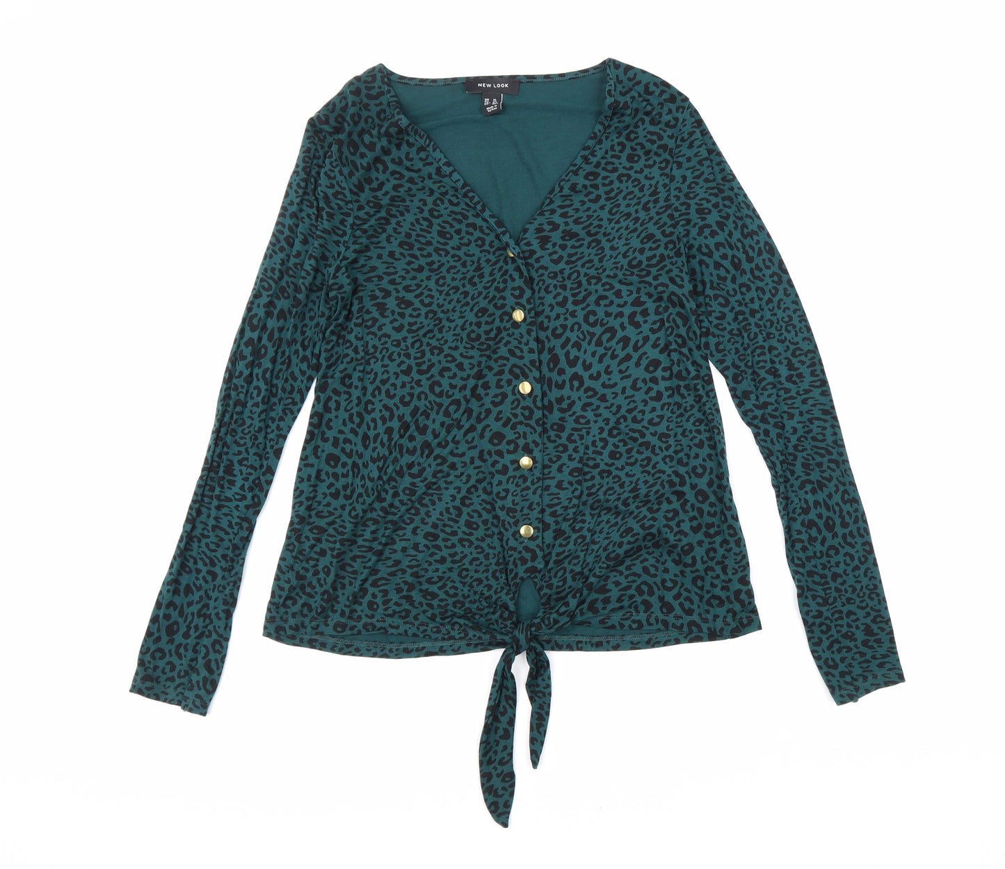 New Look Womens Green Animal Print Viscose Basic Button-Up Size 10 V-Neck - Knot Front Leopard Print