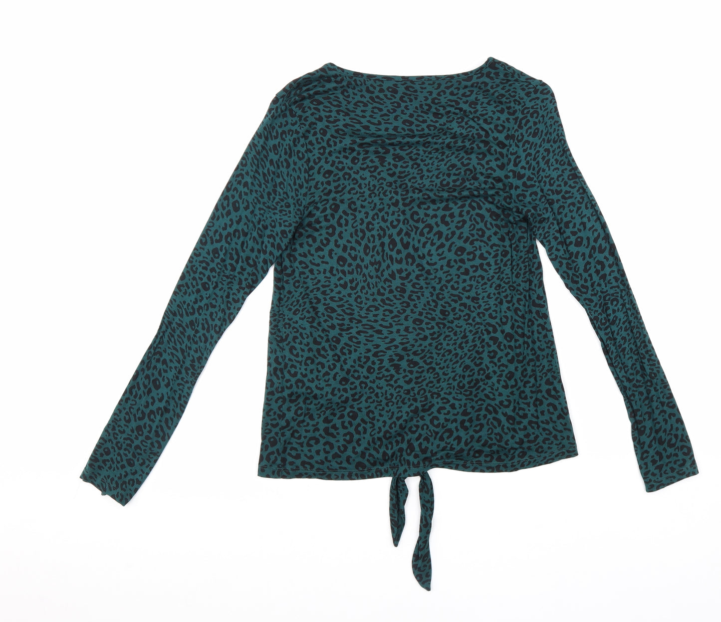 New Look Womens Green Animal Print Viscose Basic Button-Up Size 10 V-Neck - Knot Front Leopard Print