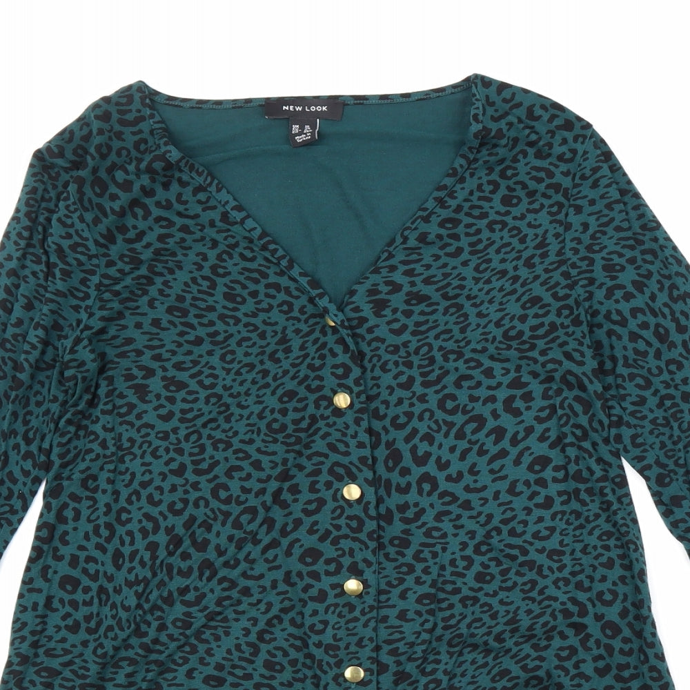 New Look Womens Green Animal Print Viscose Basic Button-Up Size 10 V-Neck - Knot Front Leopard Print