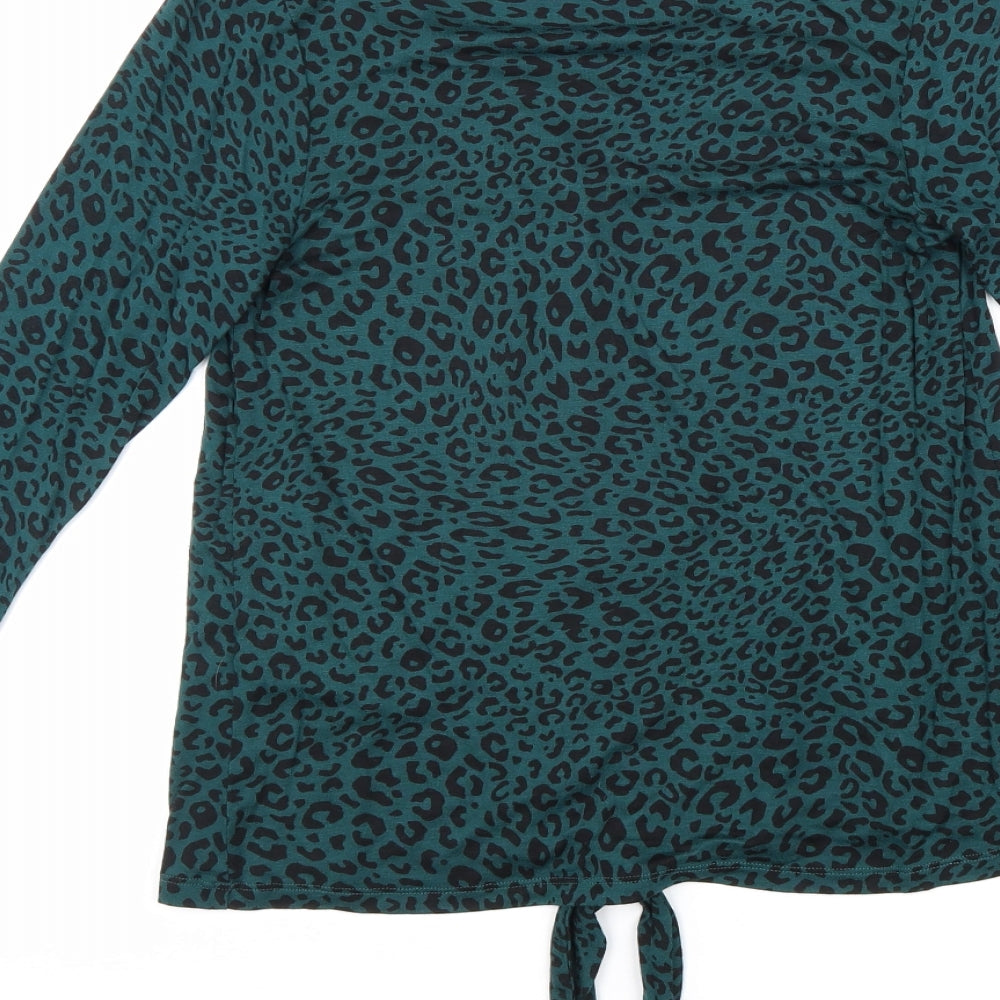 New Look Womens Green Animal Print Viscose Basic Button-Up Size 10 V-Neck - Knot Front Leopard Print