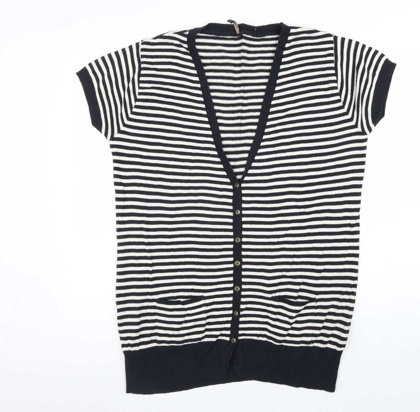 Topshop Womens Black V-Neck Striped Cotton Cardigan Jumper Size 16