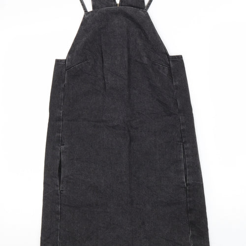 Topshop Womens Black Cotton Pinafore/Dungaree Dress Size 6 Square Neck Zip