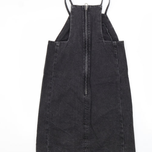 Topshop Womens Black Cotton Pinafore/Dungaree Dress Size 6 Square Neck Zip