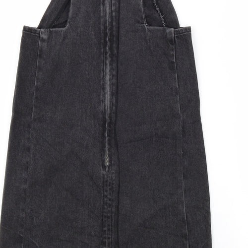 Topshop Womens Black Cotton Pinafore/Dungaree Dress Size 6 Square Neck Zip
