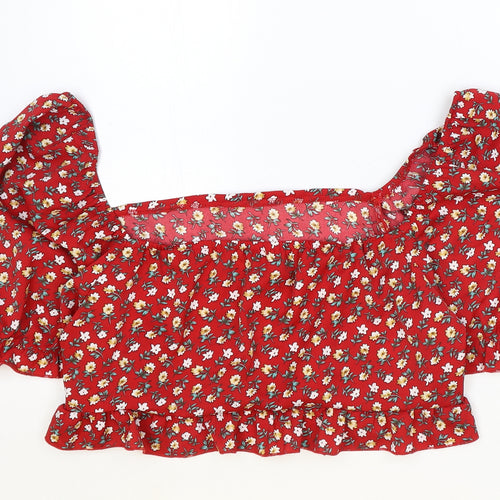 SheIn Womens Red Floral Polyester Cropped Blouse Size 2XL Boat Neck