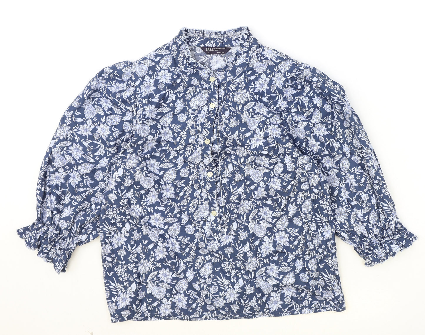 Marks and Spencer Womens Blue Floral Cotton Basic Button-Up Size 8 Round Neck