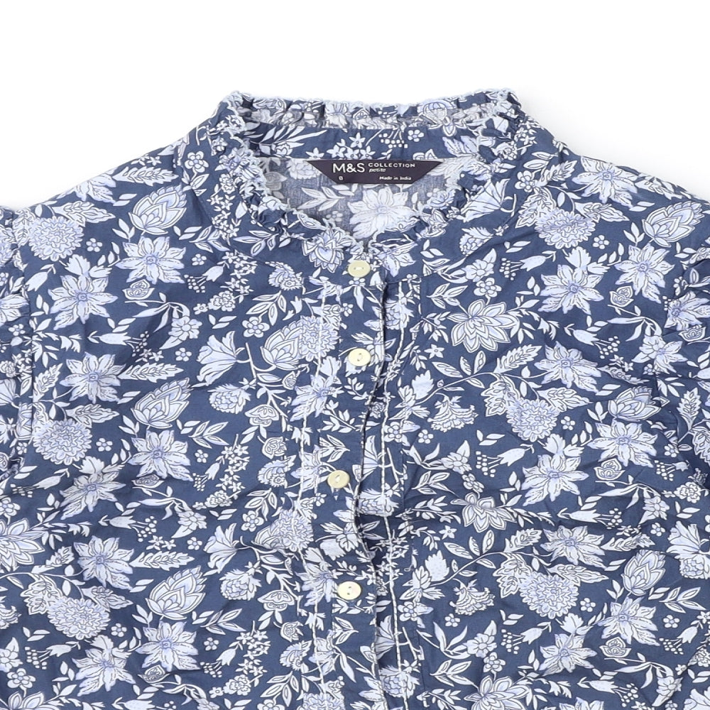 Marks and Spencer Womens Blue Floral Cotton Basic Button-Up Size 8 Round Neck