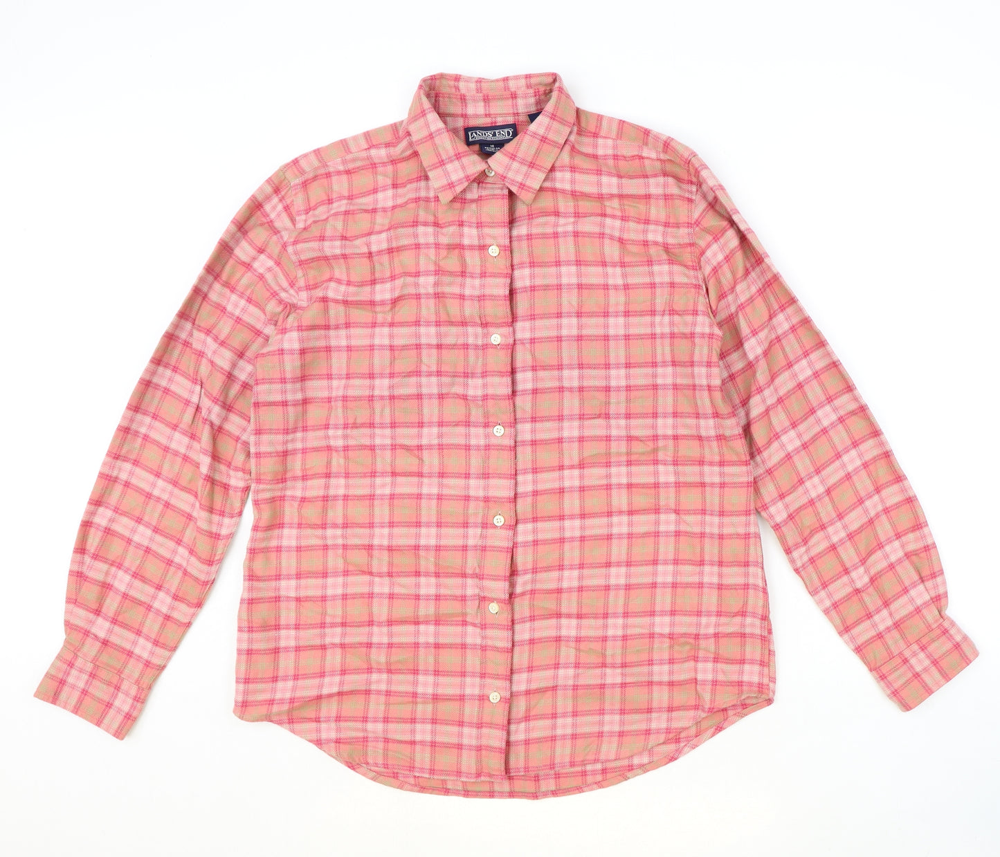 Lands' End Womens Pink Plaid 100% Cotton Basic Button-Up Size 10 Collared