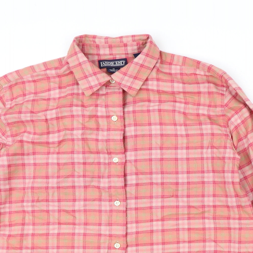 Lands' End Womens Pink Plaid 100% Cotton Basic Button-Up Size 10 Collared
