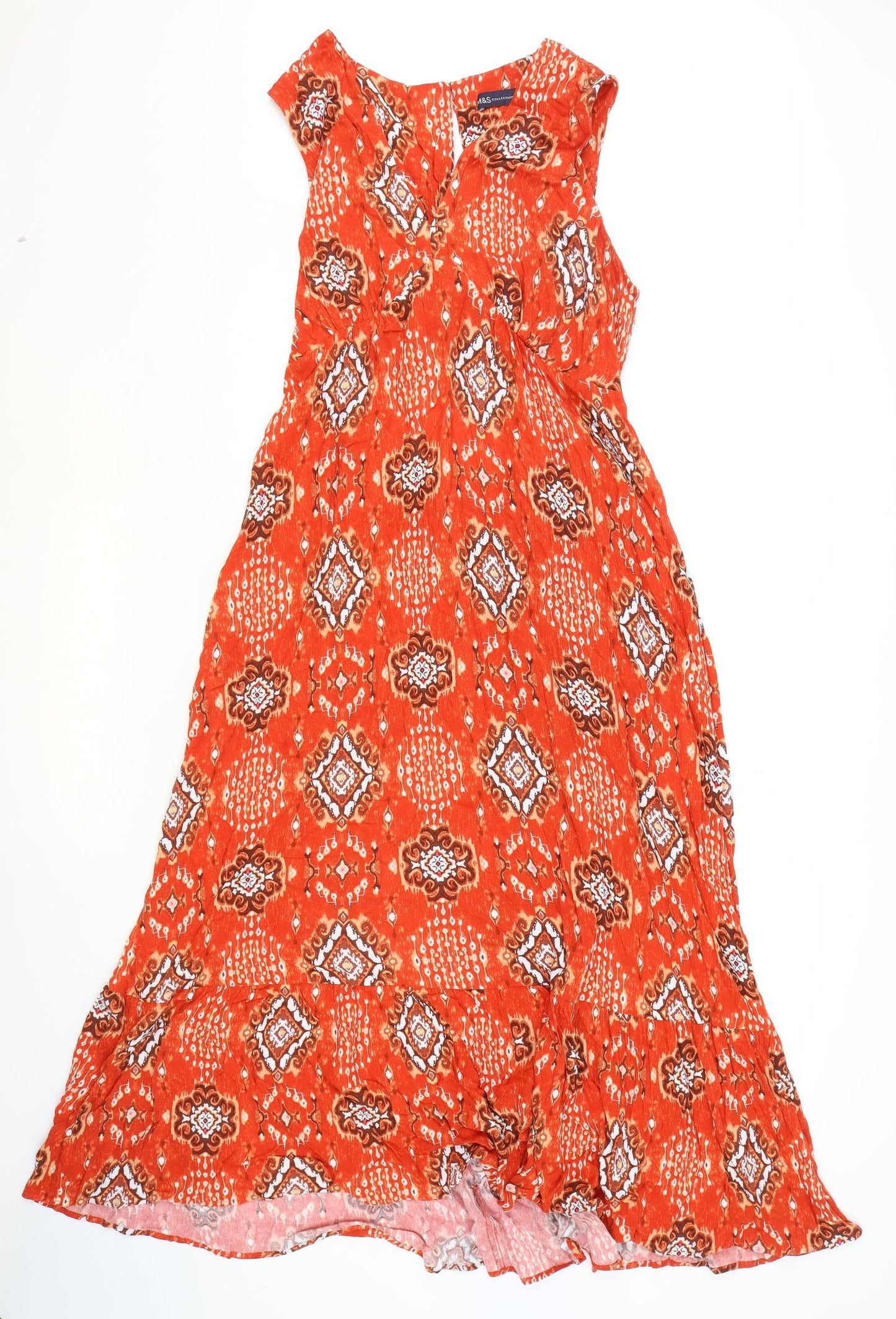 Marks and Spencer Womens Orange Geometric Viscose Maxi Size 14 V-Neck Tie