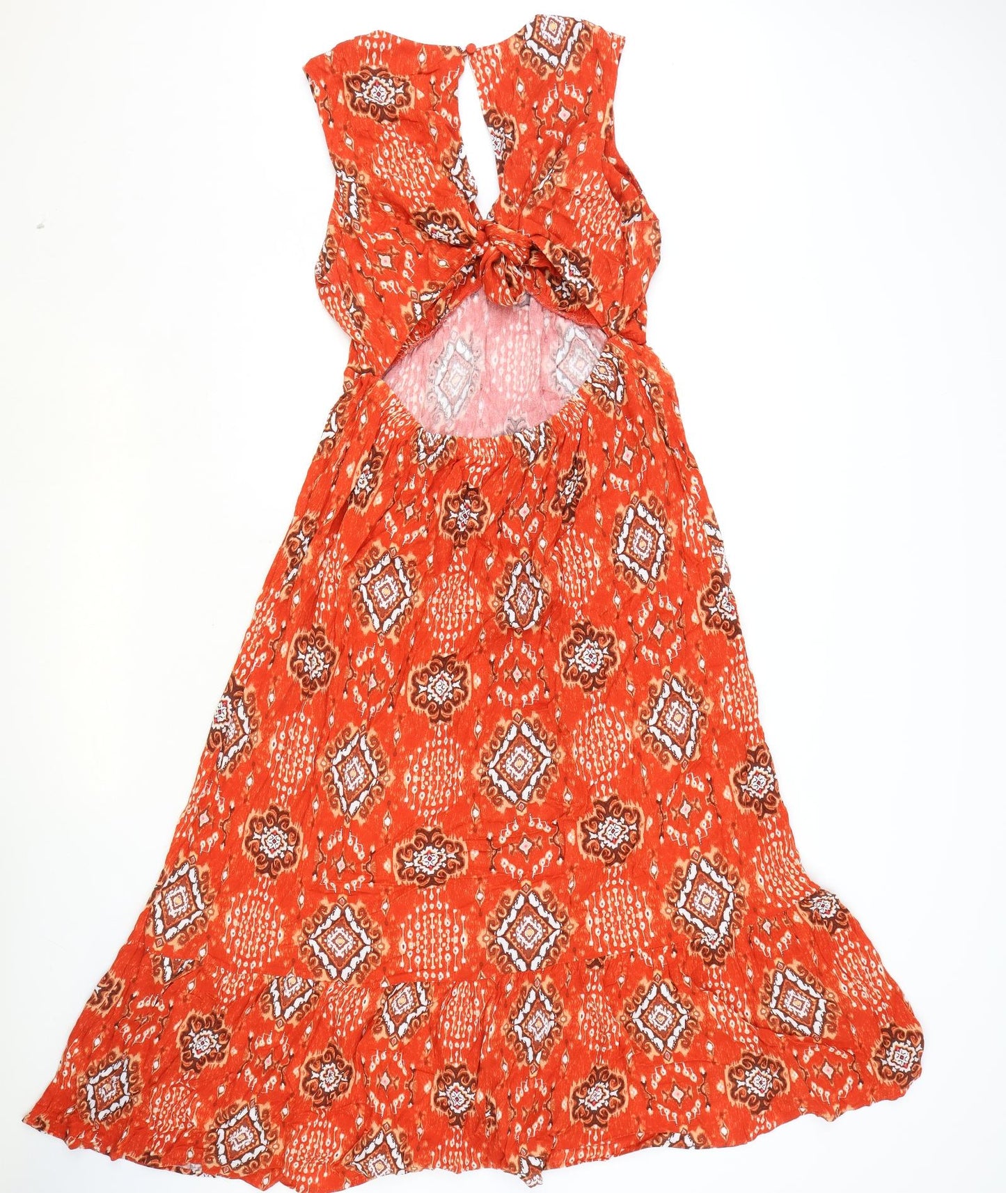 Marks and Spencer Womens Orange Geometric Viscose Maxi Size 14 V-Neck Tie