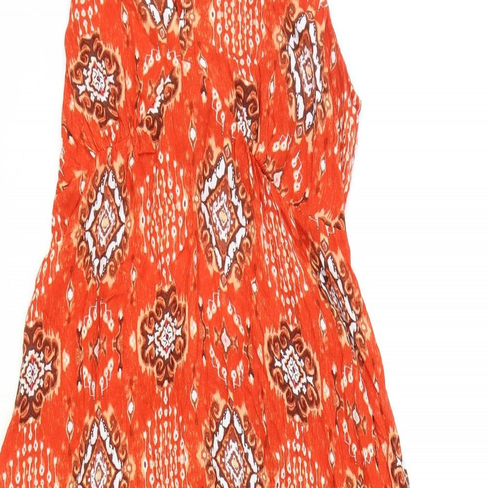 Marks and Spencer Womens Orange Geometric Viscose Maxi Size 14 V-Neck Tie