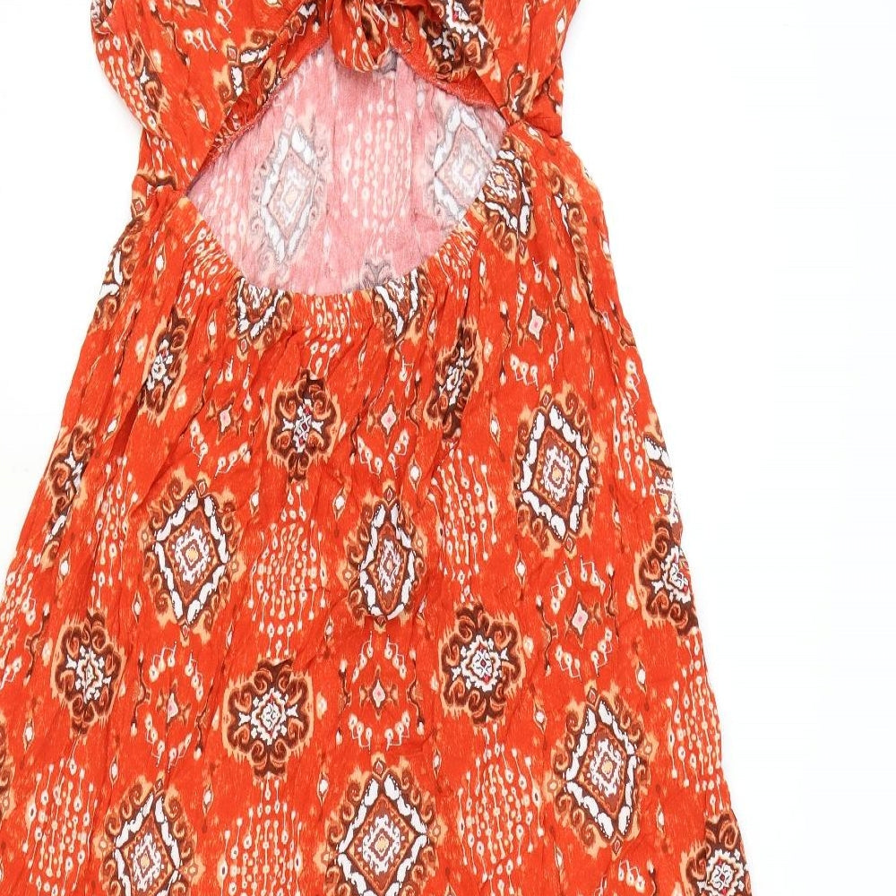 Marks and Spencer Womens Orange Geometric Viscose Maxi Size 14 V-Neck Tie