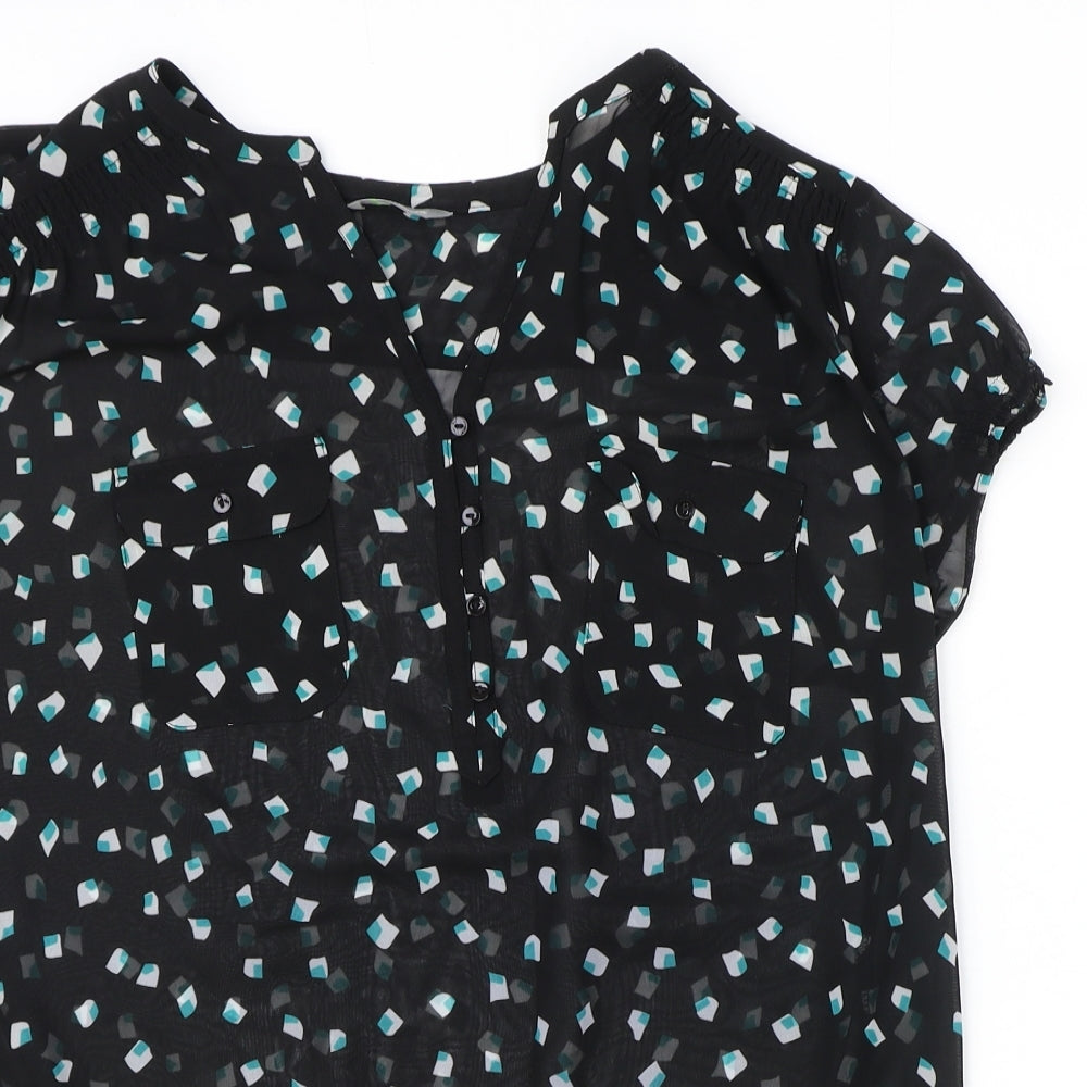 Marks and Spencer Womens Black Geometric Polyester Basic Blouse Size 14 V-Neck