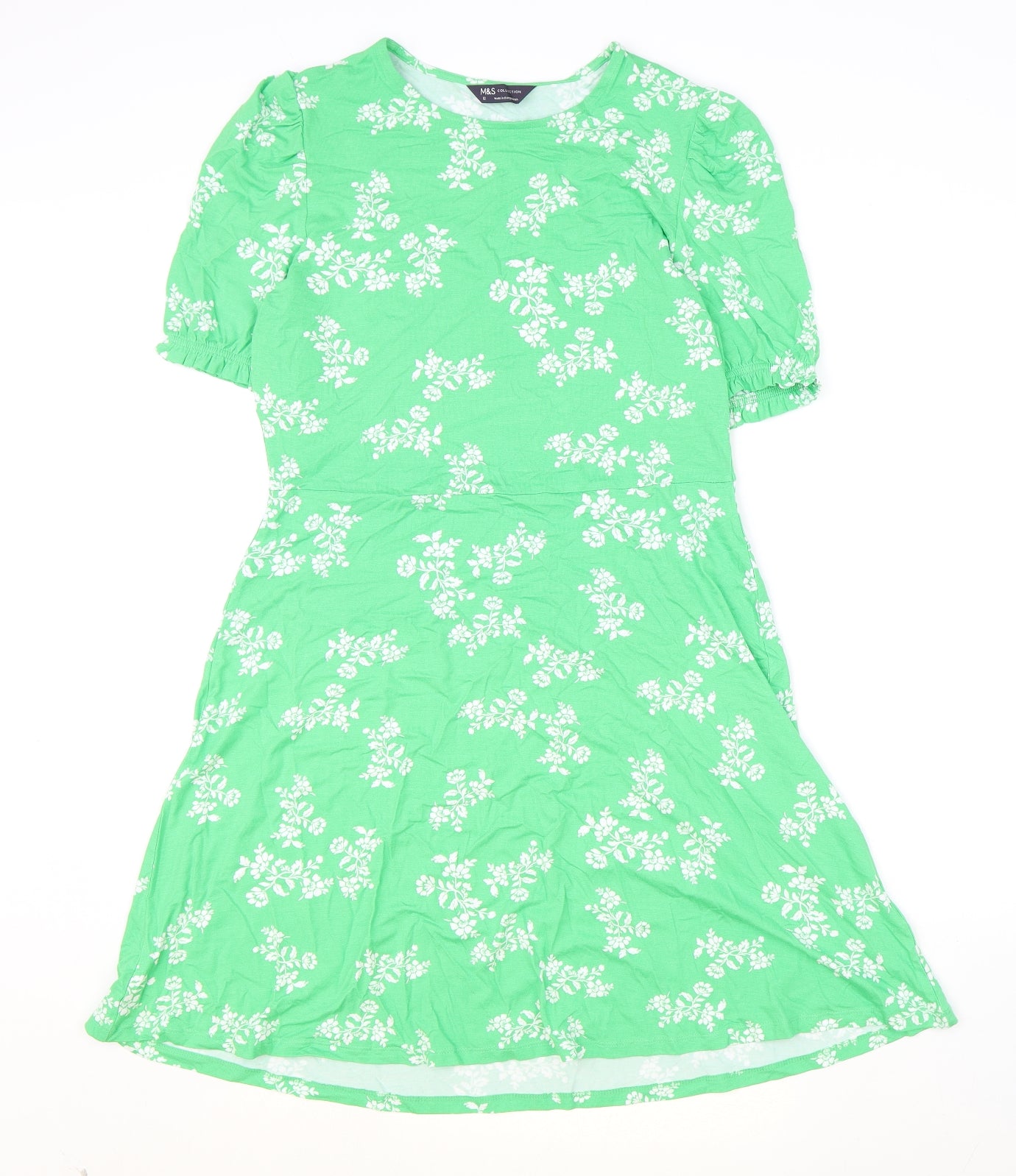 Marks and Spencer Womens Green Geometric Viscose A-Line Size 12 Round Neck Pullover