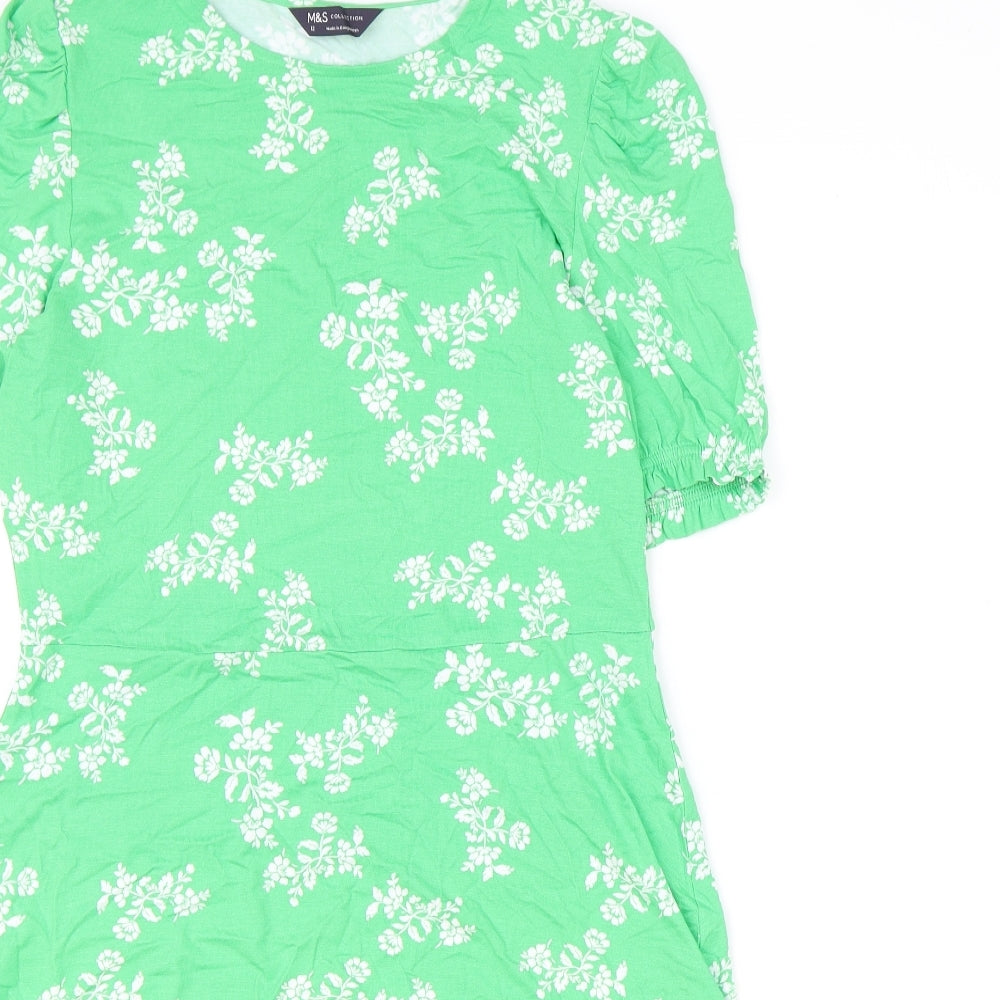Marks and Spencer Womens Green Geometric Viscose A-Line Size 12 Round Neck Pullover