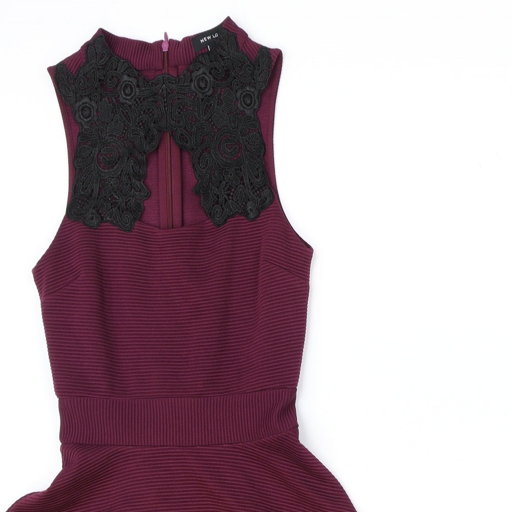 New Look Womens Red Polyester Skater Dress Size 8 Round Neck Zip