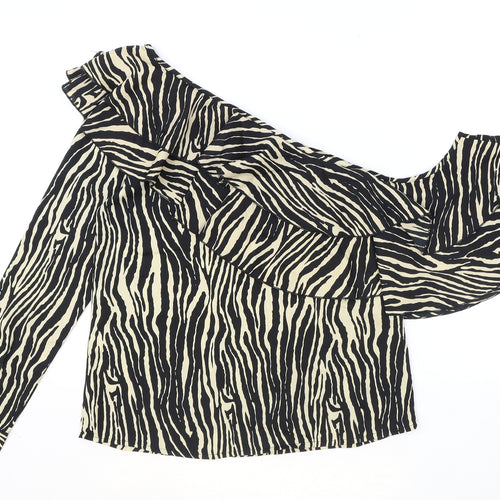 Boohoo Womens Beige Animal Print Polyester Basic Blouse Size 10 One Shoulder - Zebra Pattern