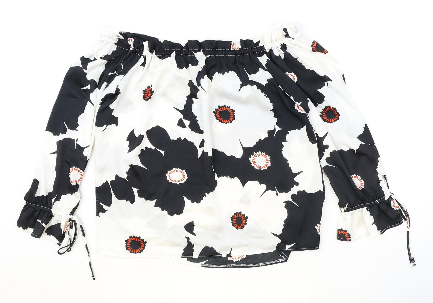 Peacocks Womens Black Floral Polyester Cropped Blouse Size 16 Off the Shoulder