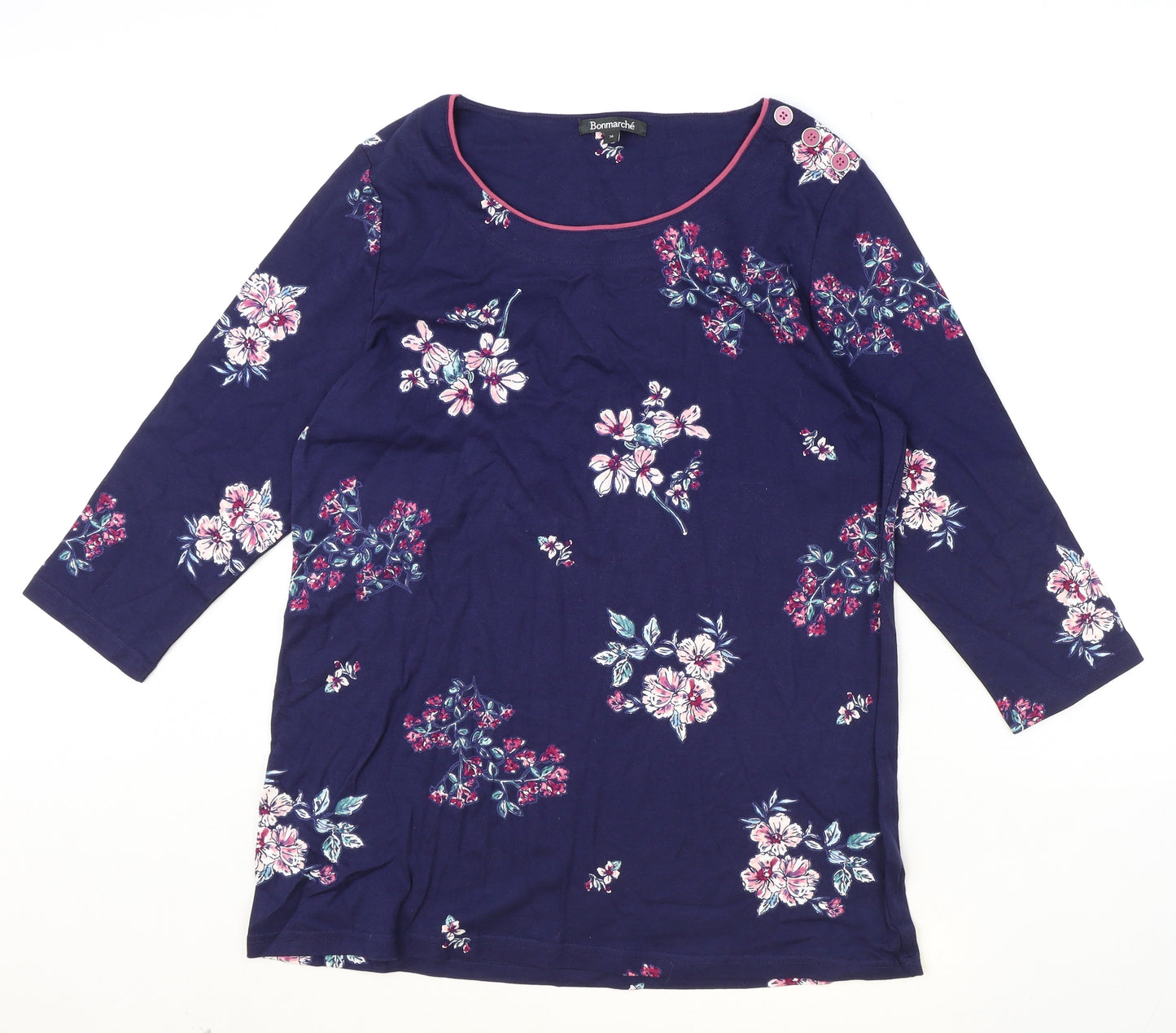 BonMarche Womens Blue Floral 100% Cotton Basic T-Shirt Size 16 Round Neck