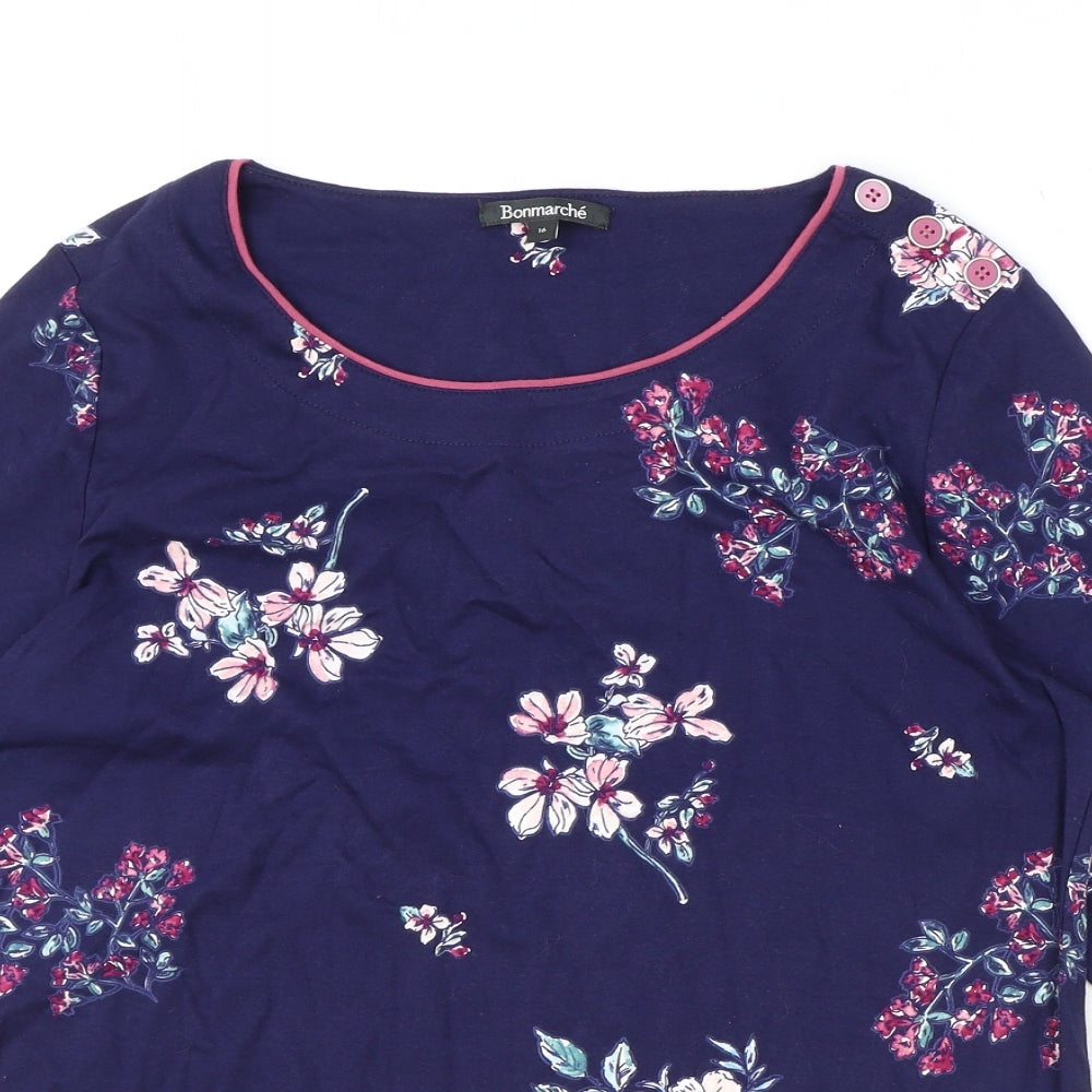 BonMarche Womens Blue Floral 100% Cotton Basic T-Shirt Size 16 Round Neck