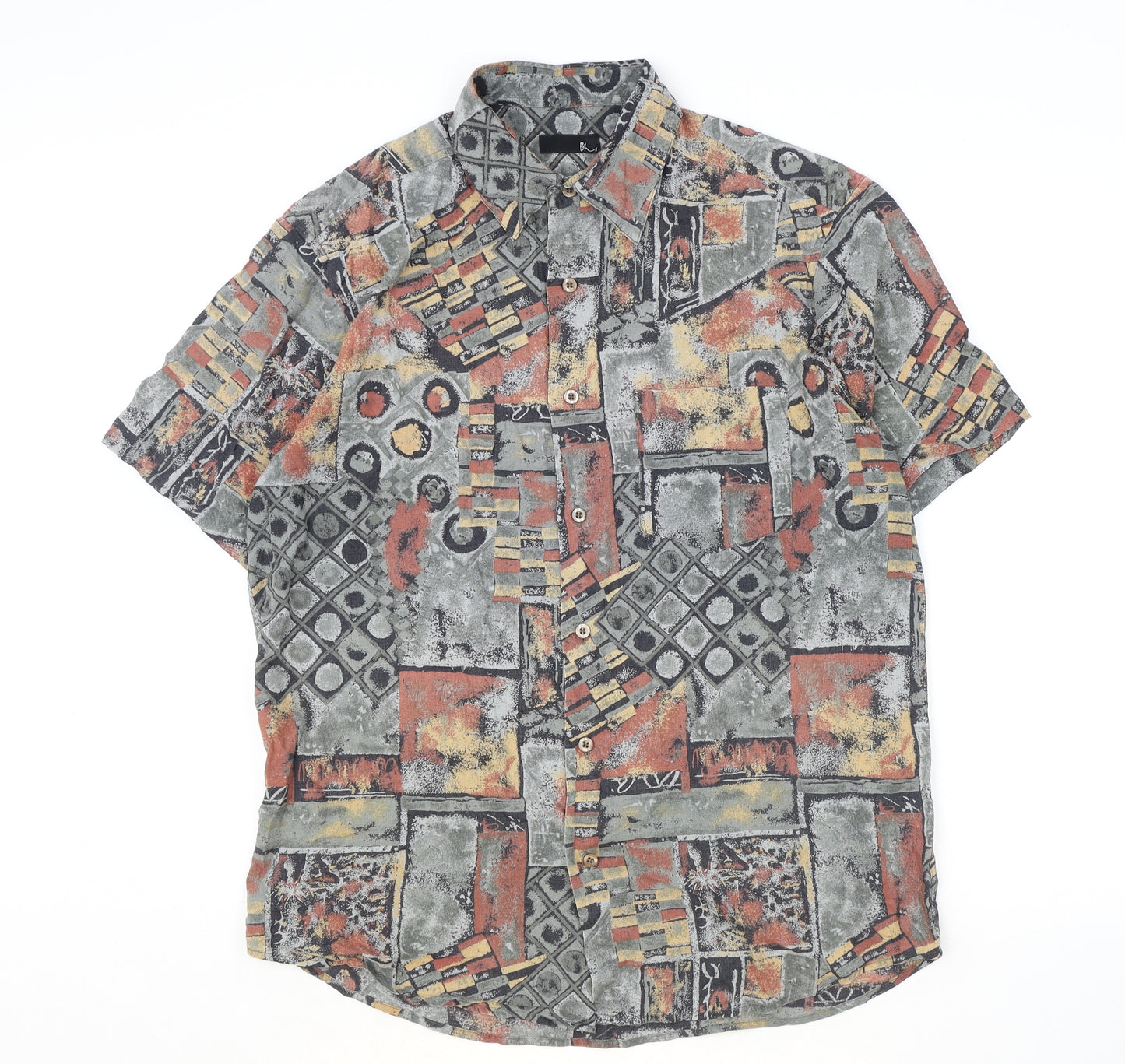 BHS Mens Multicoloured Geometric Viscose Button-Up Size M Collared Button