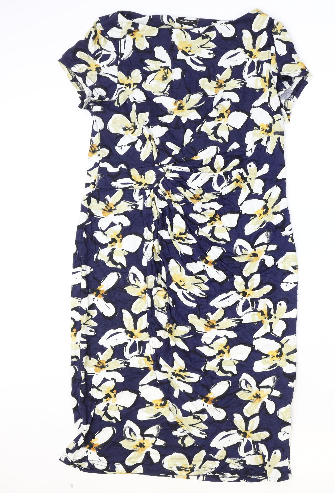 Roman Womens Blue Floral Viscose Pencil Dress Size 14 Boat Neck Pullover