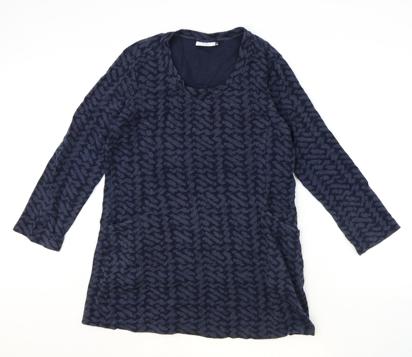 Adini Womens Blue Geometric Polyester Tunic T-Shirt Size L Scoop Neck
