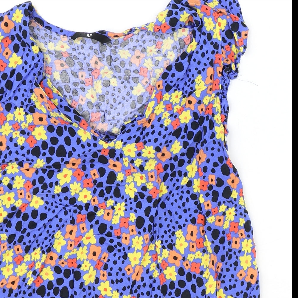 Very Womens Blue Geometric Viscose Basic T-Shirt Size 14 V-Neck