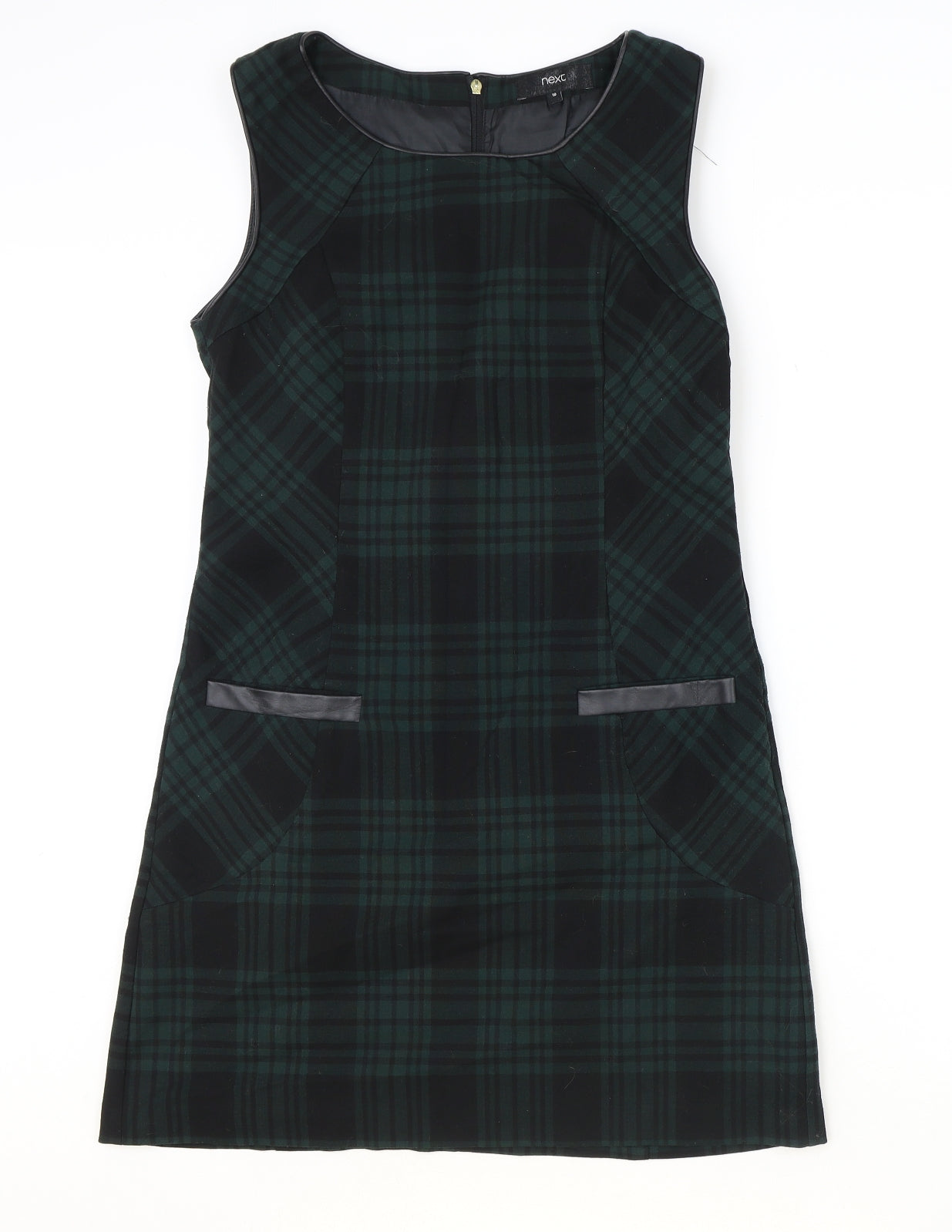 NEXT Womens Green Plaid Polyester Shift Size 10 Boat Neck Zip - Leatherette Trims