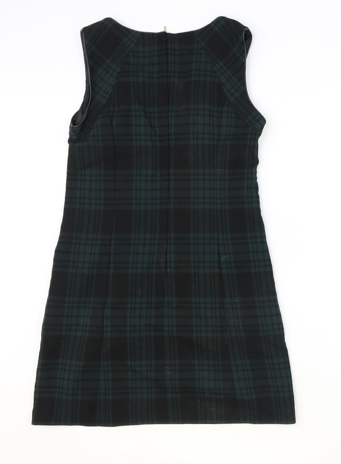 NEXT Womens Green Plaid Polyester Shift Size 10 Boat Neck Zip - Leatherette Trims