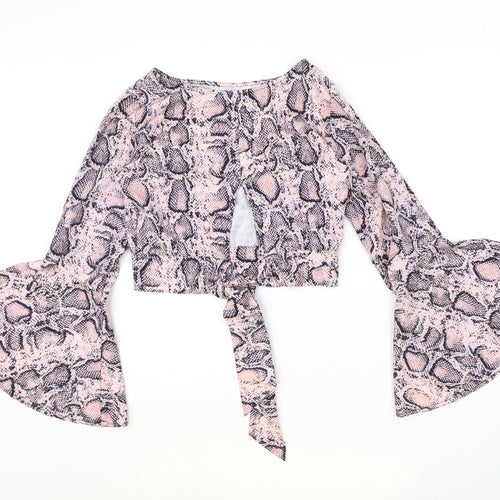 Preworn Womens Pink Animal Print Polyester Cropped Blouse Size S Round Neck - Snake Print