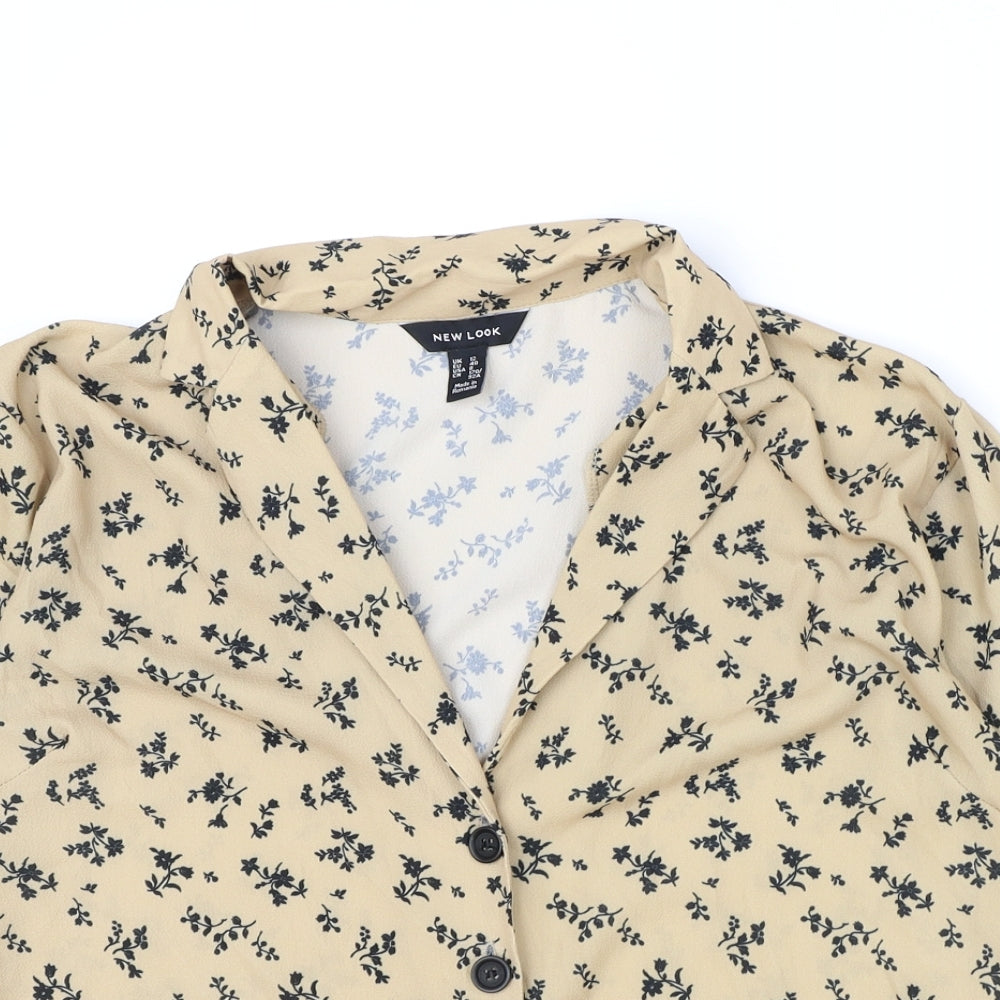 New Look Womens Brown Floral Polyester Basic Button-Up Size 12 V-Neck