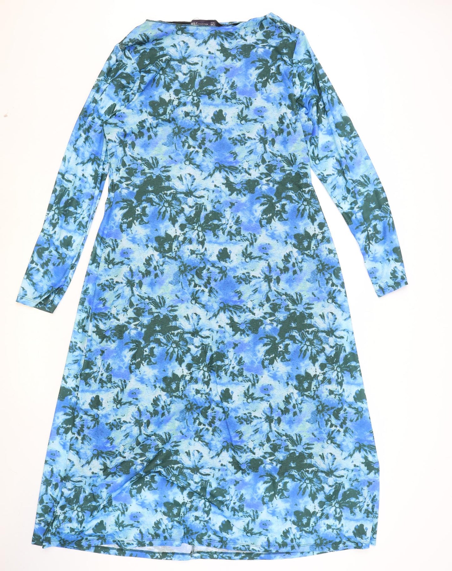 Marks and Spencer Womens Blue Floral Polyester A-Line Size 16 Boat Neck Pullover