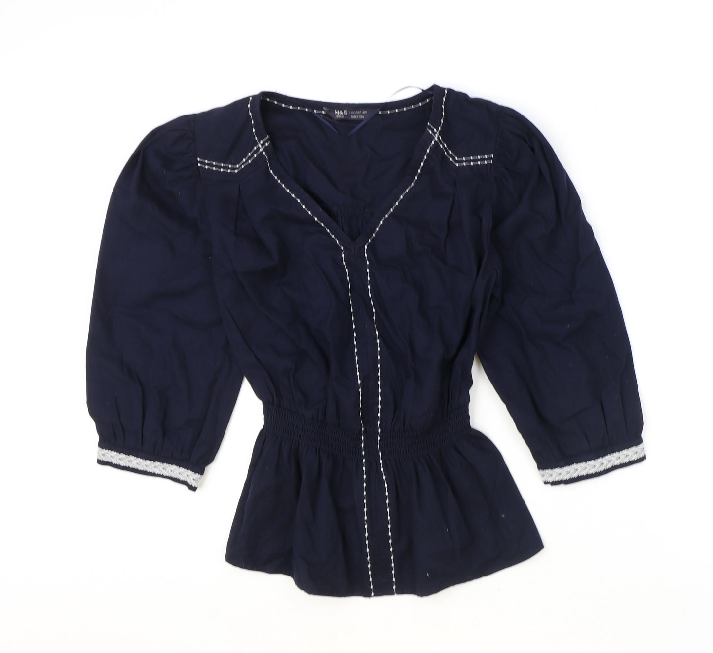 Marks and Spencer Womens Blue 100% Cotton Basic Blouse Size 6 V-Neck