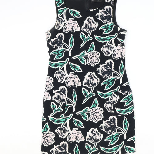 Dorothy Perkins Womens Black Floral Polyester Pencil Dress Size 12 Round Neck Zip