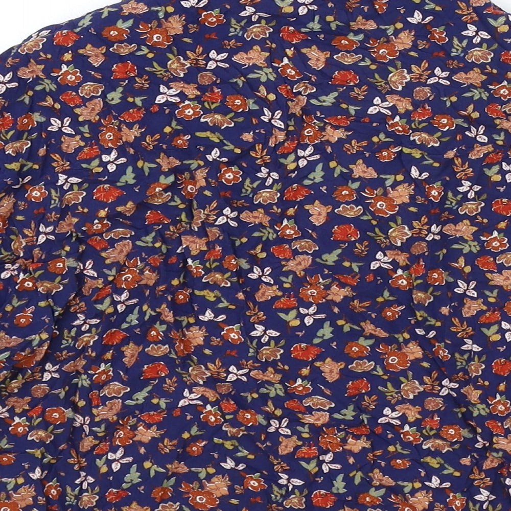 Pull&Bear Womens Blue Floral Viscose Basic Button-Up Size L Collared