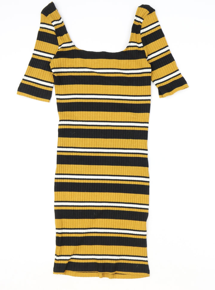 New Look Womens Yellow Striped Polyester Pencil Dress Size 10 Square Neck Pullover
