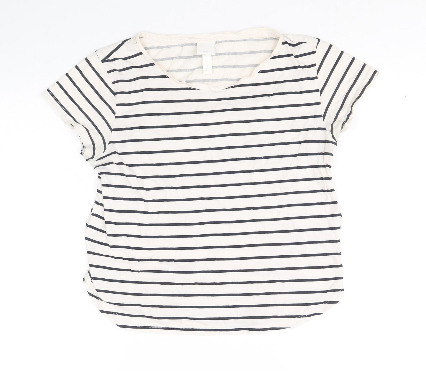 H&M Womens Ivory Striped 100% Cotton Basic T-Shirt Size S V-Neck
