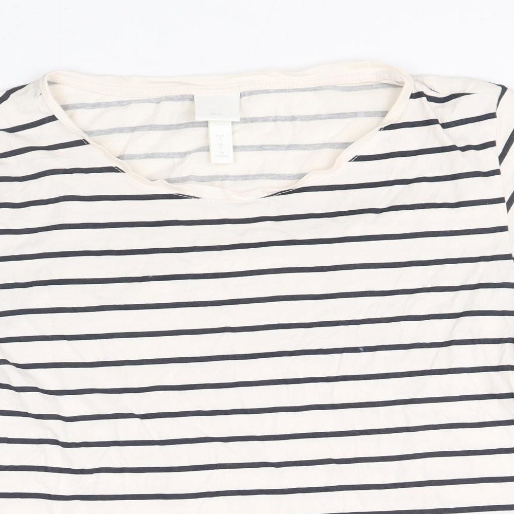 H&M Womens Ivory Striped 100% Cotton Basic T-Shirt Size S V-Neck