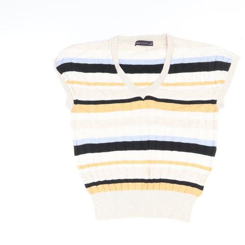 Marks and Spencer Womens Multicoloured V-Neck Striped Viscose Pullover Jumper Size M
