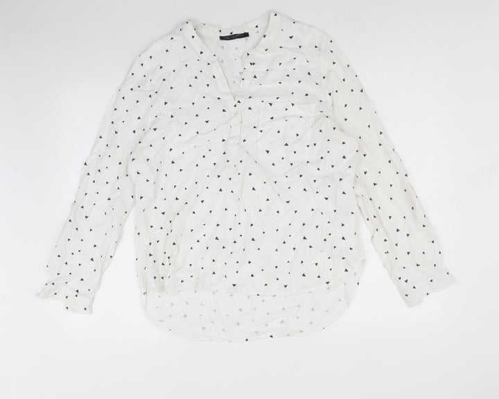 Marks and Spencer Womens White Geometric Viscose Basic Button-Up Size 14 V-Neck
